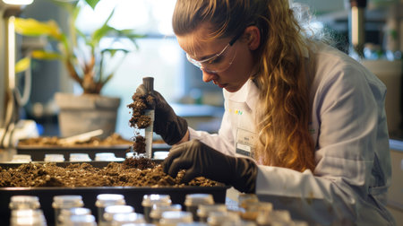 Scientist analyzing soil samples in a laboratoryの素材