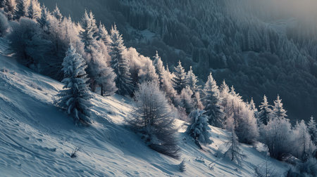 Snow-covered trees on a mountain slope in winterの素材
