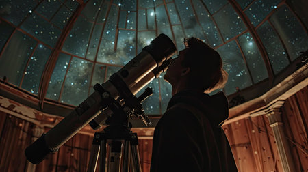 Astronomer observing stars through a telescope at an observatoryの素材