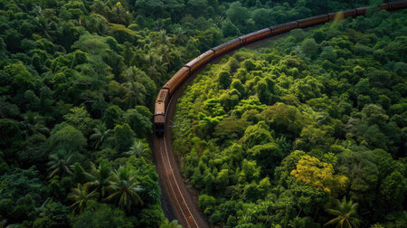 Aerial view of a train winding through a lush green forestの素材