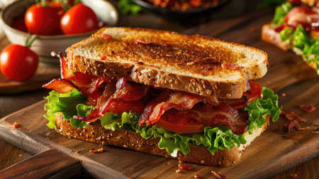 Classic BLT sandwich with crispy bacon, lettuce, and tomato, served on toasted breadの素材