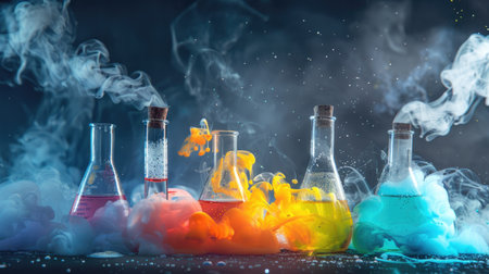 Chemical reaction with smoke and colorful liquids in a lab flaskの素材