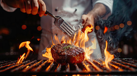 Chef grilling a steak on an outdoor barbecue with flames and smokeの素材