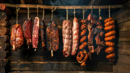 Assortment of cured meats hanging in a traditional smokehouseの素材