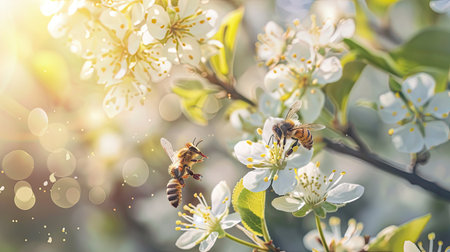 Bees pollinating flowers in a blooming orchard during springの素材