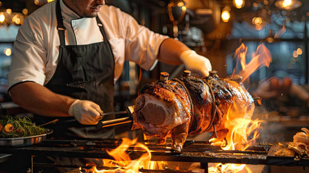 Chef preparing a whole roasted pig on a spit over an open flameの素材