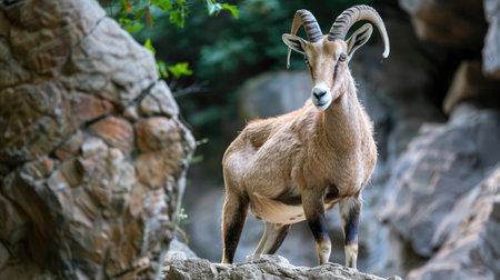 Close-up of a mountain goat standing on a rocky ledgeの素材