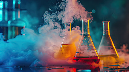 Chemical reaction with smoke and colorful liquids in a lab flaskの素材