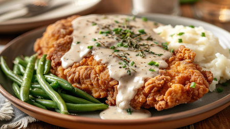 Classic chicken fried steak with gravy, served with mashed potatoes and green beansの素材