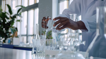 Chemist pouring a liquid into a test tube with precisionの素材