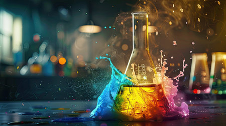 Chemical reaction taking place in a glass flask with colorful liquidsの素材