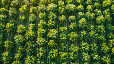 Aerial view of a large apple orchard with perfectly aligned rows of treesの素材