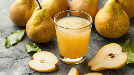 Close-up of a glass of fresh pear juice with whole and sliced pearsの素材