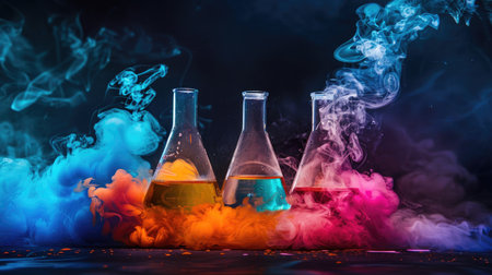 Chemical reaction with smoke and colorful liquids in a lab flaskの素材