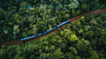 Aerial view of a train winding through a lush green forestの素材