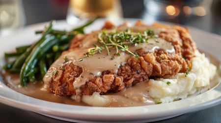 Classic chicken fried steak with gravy, served with mashed potatoes and green beansの素材