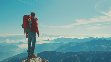 Backpacker standing on a mountain summit, looking at the viewの素材
