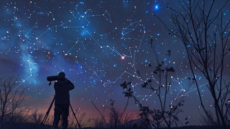 Astronomer mapping constellations in a star-filled skyの素材