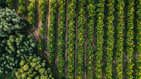 Aerial view of a citrus orchard with rows of orange and lemon treesの素材