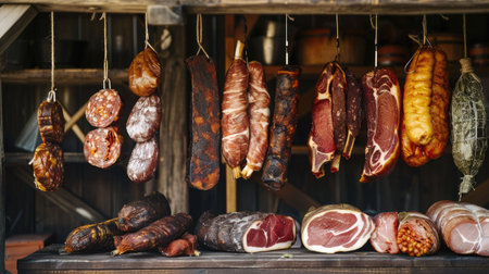 Assortment of cured meats hanging in a traditional smokehouseの素材
