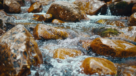 Close-up of a mountain stream flowing over rocksの素材
