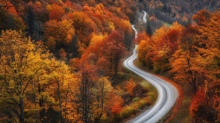 Autumn colors in a mountain forest with a winding roadの素材