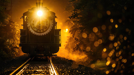 Close-up of a train's headlight shining in the nightの素材