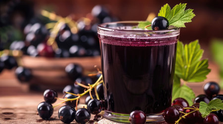 Close-up of a glass of fresh blackcurrant juice with whole and sliced blackcurrantsの素材