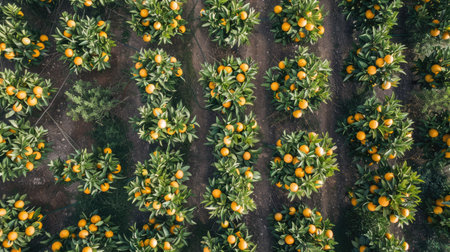 Aerial view of a citrus orchard with rows of orange and lemon treesの素材