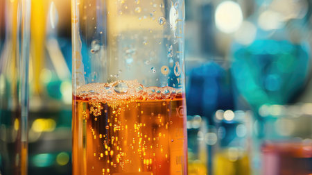 Close-up of a beaker with bubbling chemicals in a labの素材
