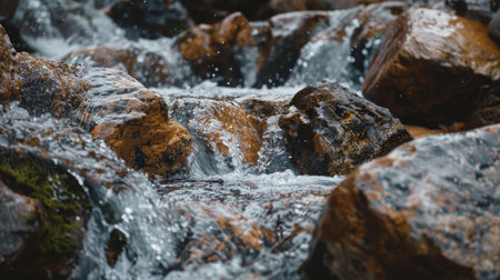 Close-up of a mountain stream flowing over rocksの素材