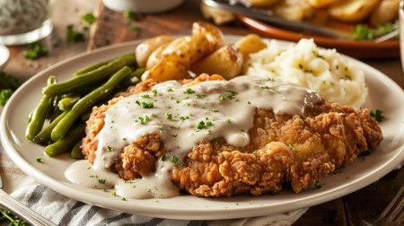 Classic chicken fried steak with gravy, served with mashed potatoes and green beansの素材
