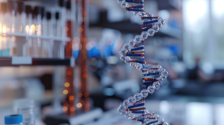 Close-up of DNA double helix model with a blurred lab backgroundの素材