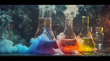 Chemical reaction with smoke and colorful liquids in a lab flaskの素材