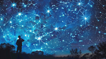Astronomer mapping constellations in a star-filled skyの素材
