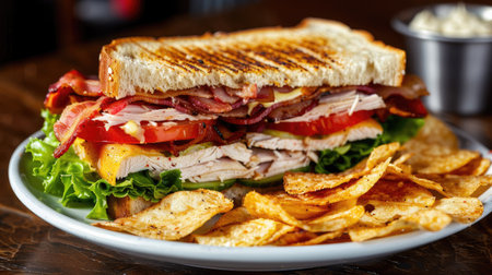 Classic turkey club sandwich with bacon, lettuce, tomato, and mayo, served with chipsの素材