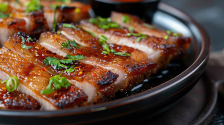 Close-up of crispy pork belly slices served with dipping sauceの素材