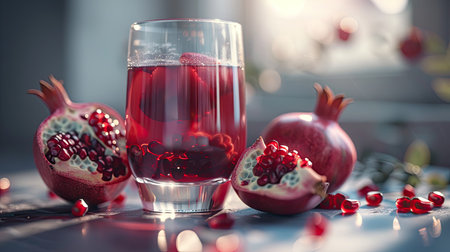 Close-up of a glass of fresh pomegranate juice with whole and sliced pomegranatesの素材