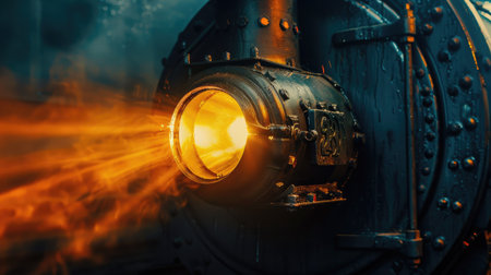 Close-up of a train's headlight shining in the nightの素材