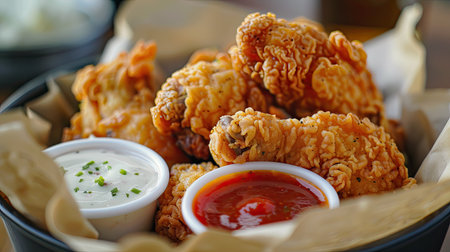 Close-up of crispy fried chicken pieces served with dipping saucesの素材