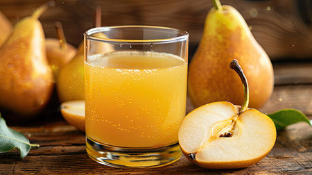 Close-up of a glass of fresh pear juice with whole and sliced pearsの素材