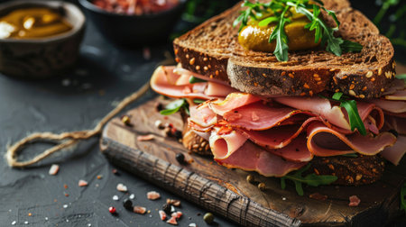 Classic ham and cheese sandwich with mustard, served on rye breadの素材