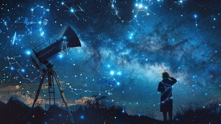 Astronomer mapping constellations in a star-filled skyの素材