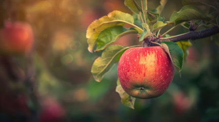 Close-up of a single ripe apple on a branch in an orchardの素材