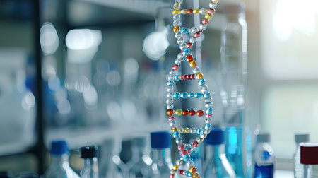 Close-up of DNA double helix model with a blurred lab backgroundの素材