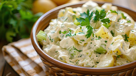 Classic potato salad with mayonnaise, celery, and herbs, served in a bowlの素材