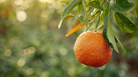 Close-up of a single ripe orange on a branch in an orchardの素材