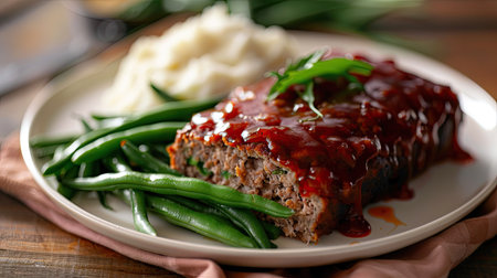 Classic meatloaf with a ketchup glaze, served with green beans and mashed potatoesの素材