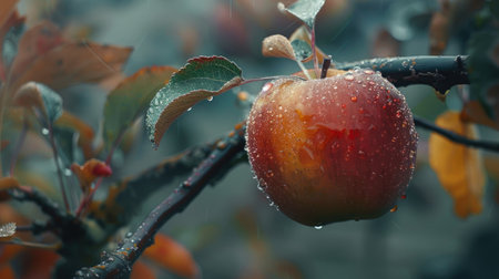 Close-up of a single ripe apple on a branch in an orchardの素材