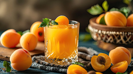 Close-up of a glass of fresh apricot juice with whole and sliced apricotsの素材